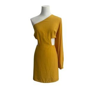 NWT Showpo Yellow One Shoulder Cutout Mini Dress Long Sleeve Lined Size 8